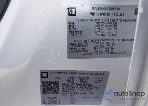 2022 GMC Sierra 1500 2Wd Short Box Elevation from USA, damaged, VIN 3GTPHCEK4NG501236